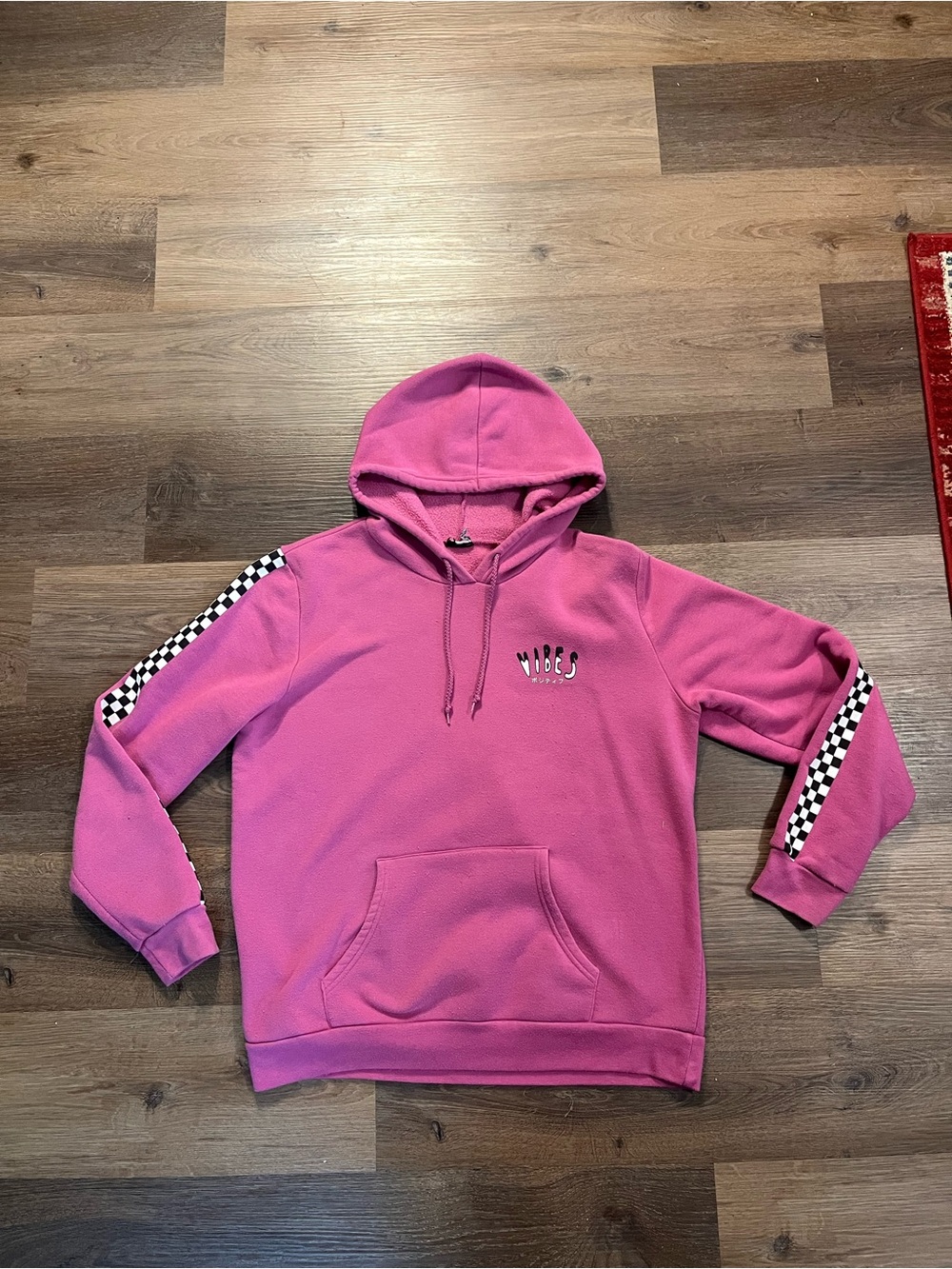 Pink Checkerboard-Sleeve Pullover Hoodie